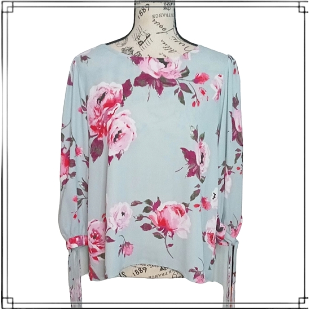 Everly Pastel Floral Balloon Sleeve Blouse Size Lg